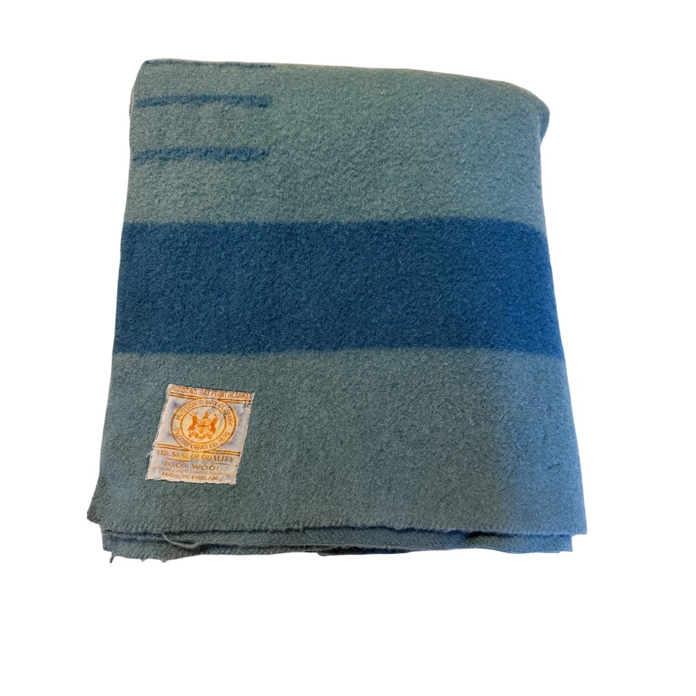 Hudsons Bay Company 3.5 Point Wool Blanket Teal Blue Navy Stripe England 59x78